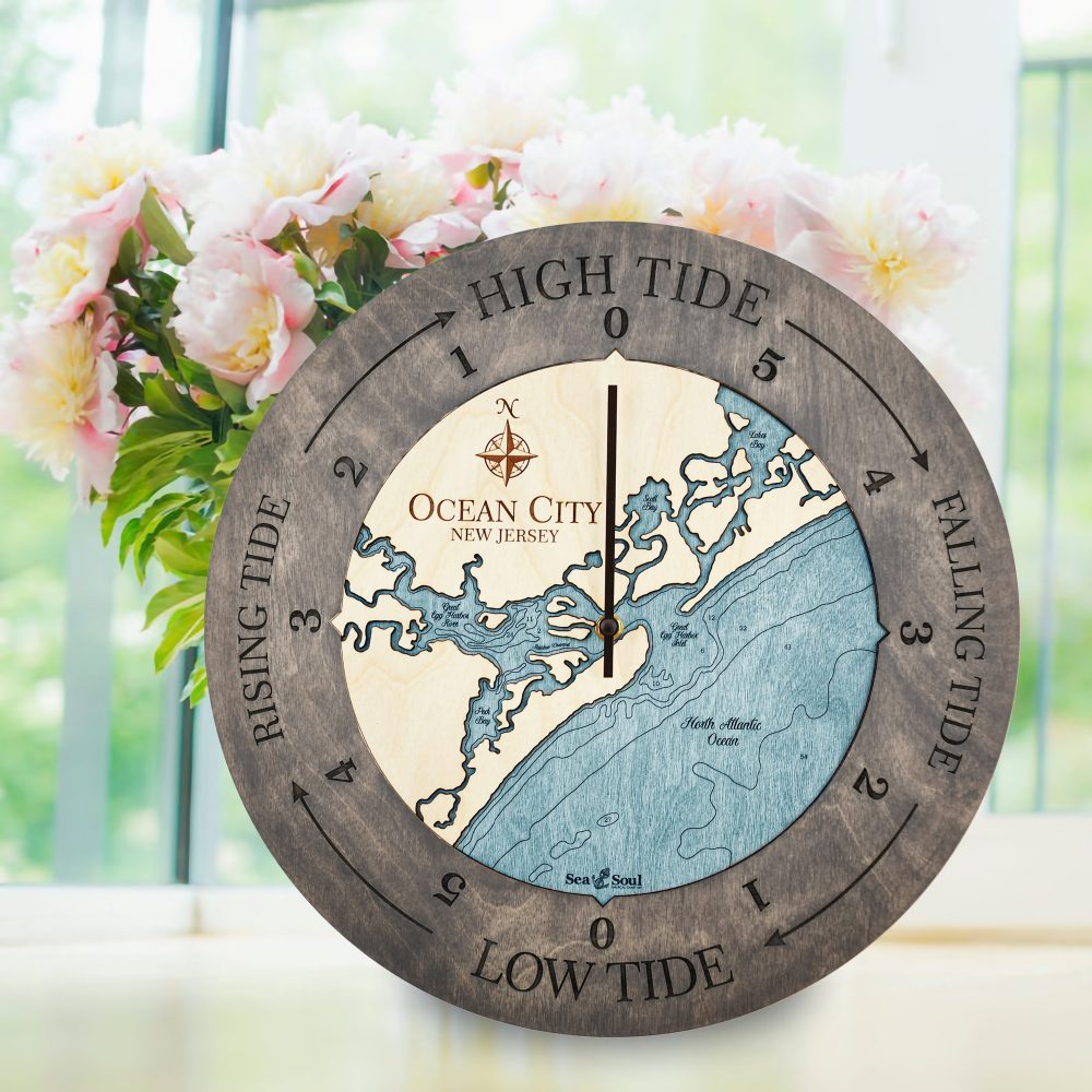 Ocean City Tide Clock Driftwood Accent with Blue Green Water on Windowsill with Flowers