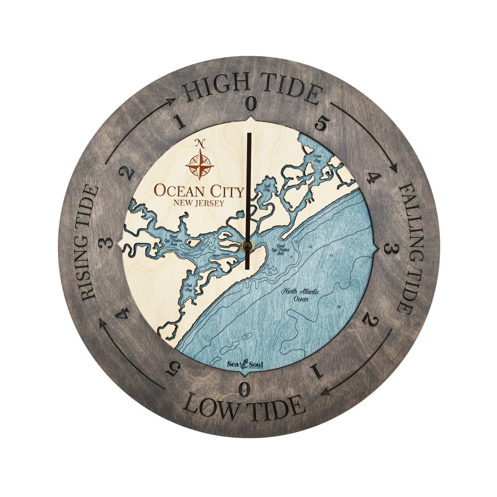 Ocean City Tide Clock Driftwood Accent with Blue Green Water