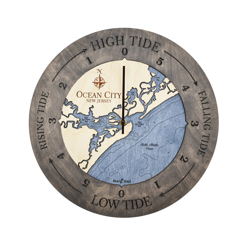 Ocean City Tide Clock Driftwood Accent with Deep Blue Water