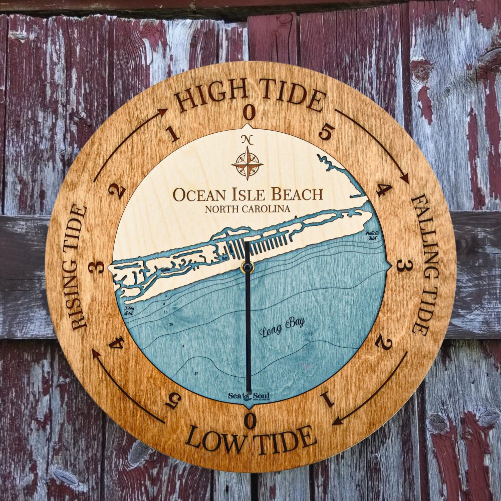 Ocean Isle Beach Tide Clock Americana Accent with Blue Green Water Hanging on Fence