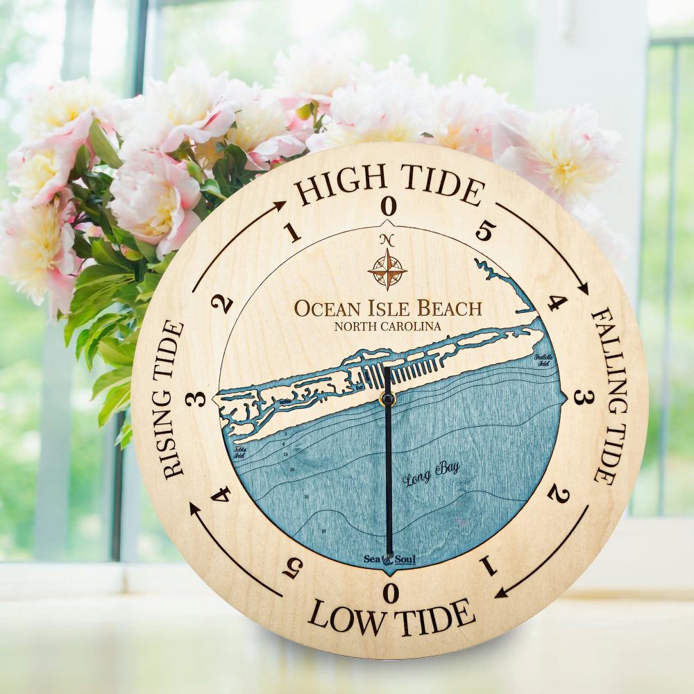 Ocean Isle Beach Tide Clock Birch Accent with Blue Green Water on Windowsill with Flowers