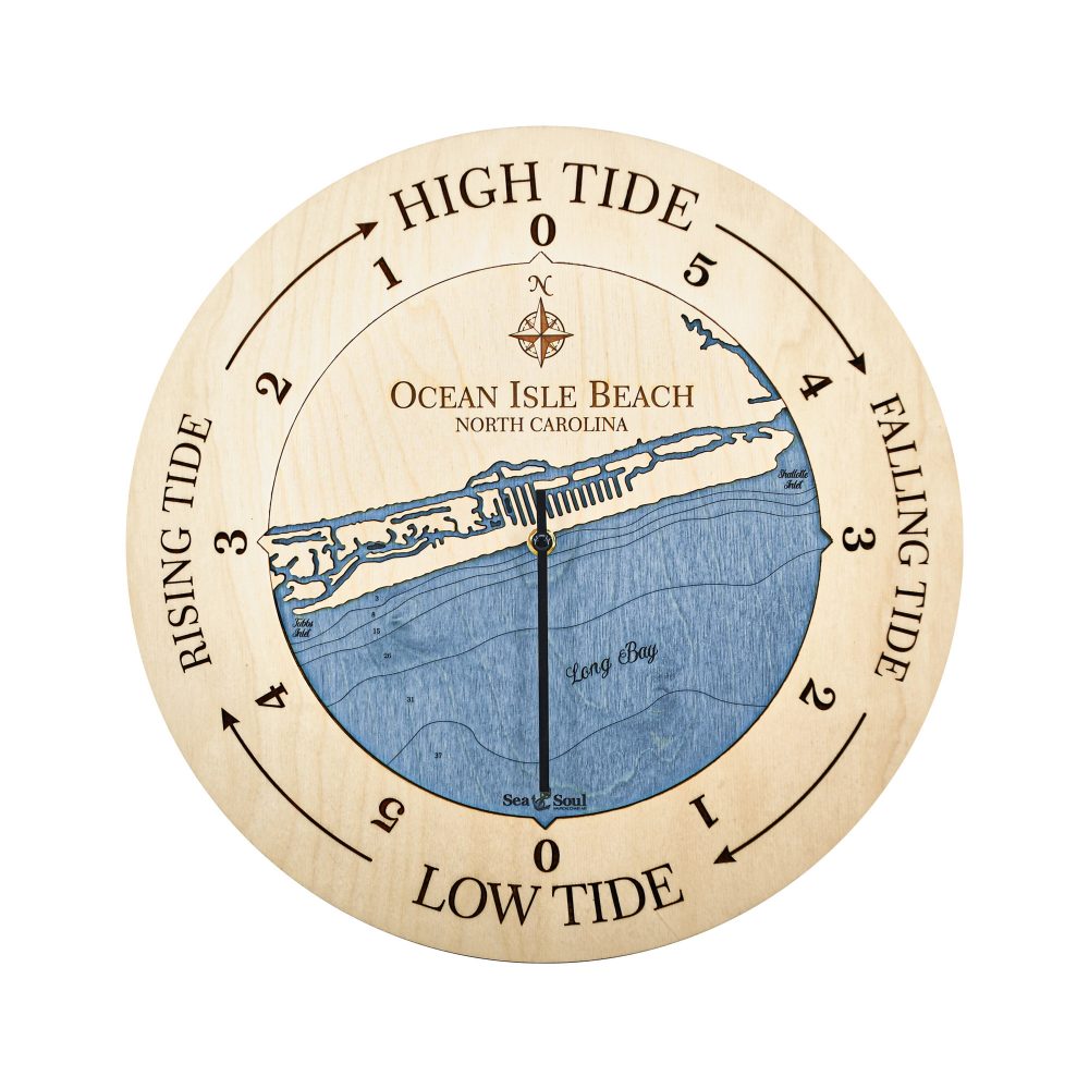Ocean Isle Beach Tide Clock Birch Accent with Deep Blue Water