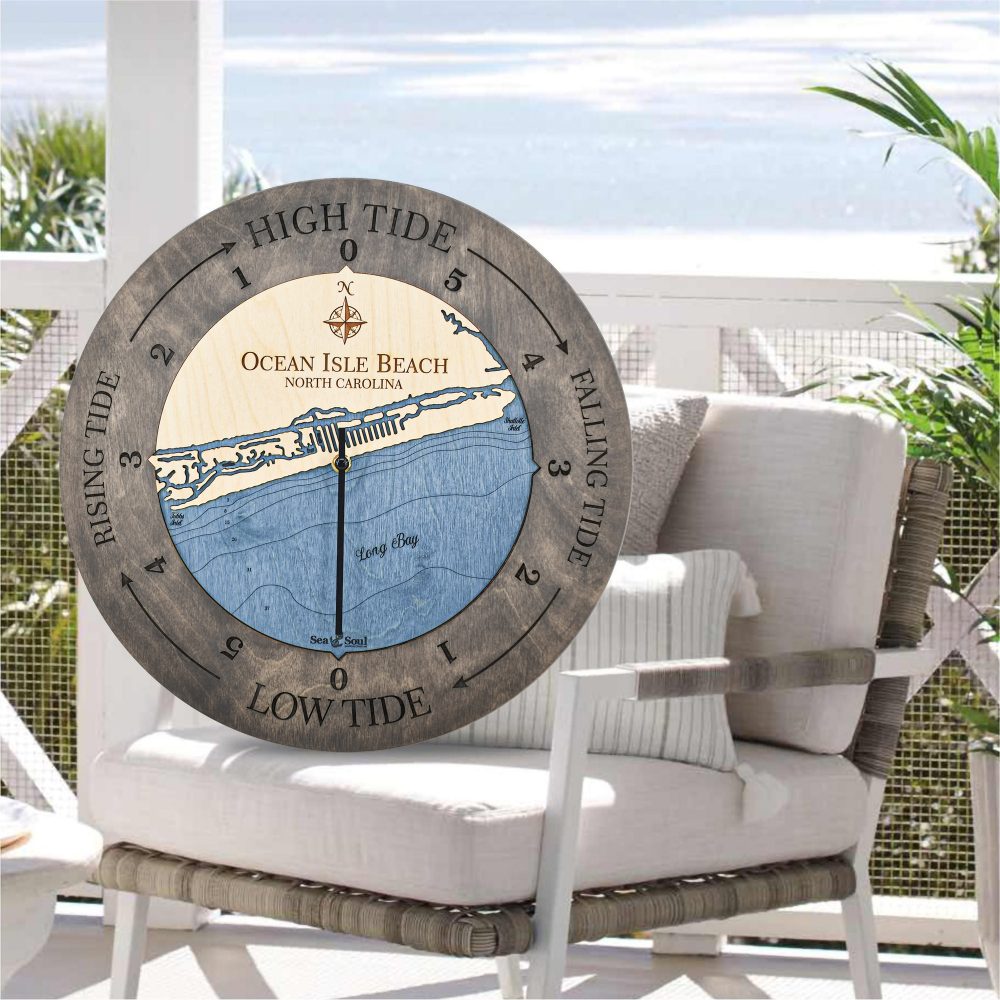Ocean Isle Beach Tide Clock Driftwood Accent with Deep Blue Water on Outdoor Chair