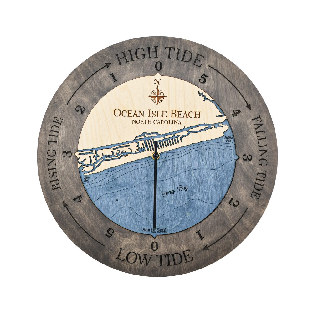 Ocean Isle Beach Tide Clock Driftwood Accent with Deep Blue Water