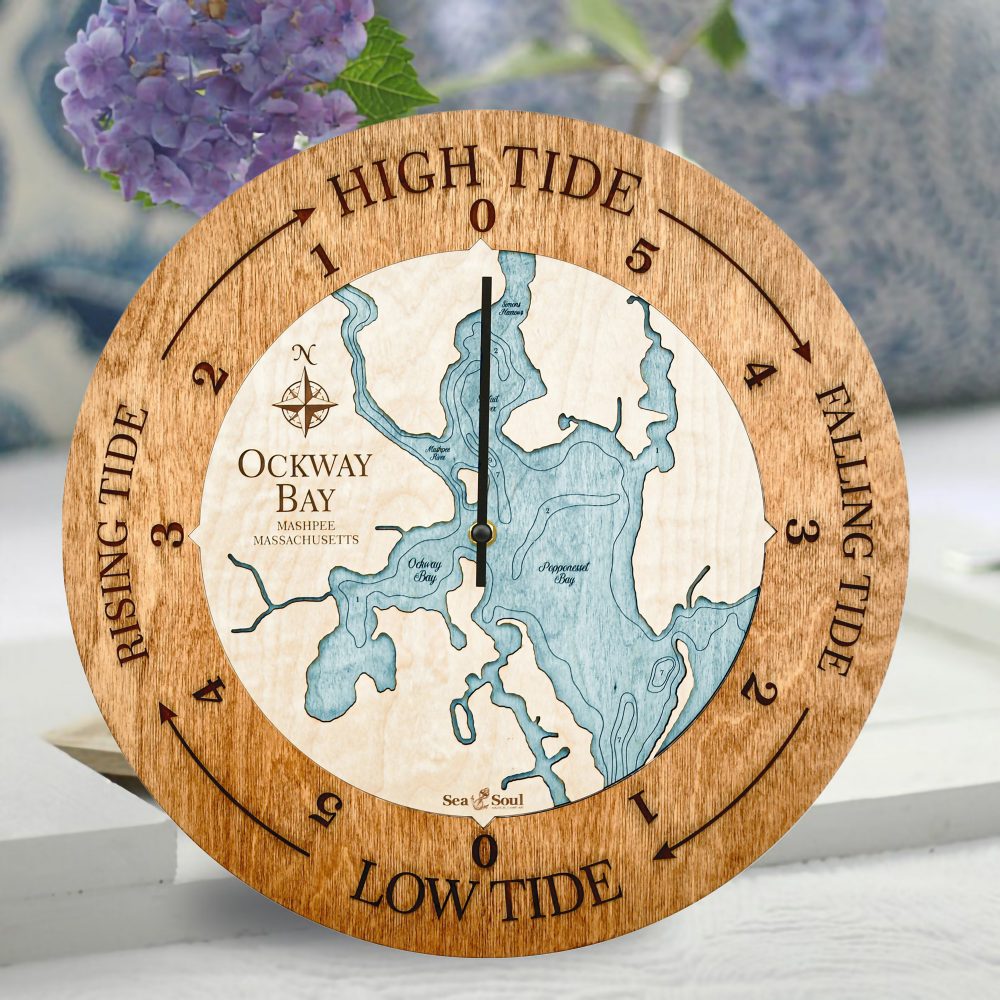 Ockway Bay Tide Clock Americana Accent with Blue Green Water on Table with Flowers