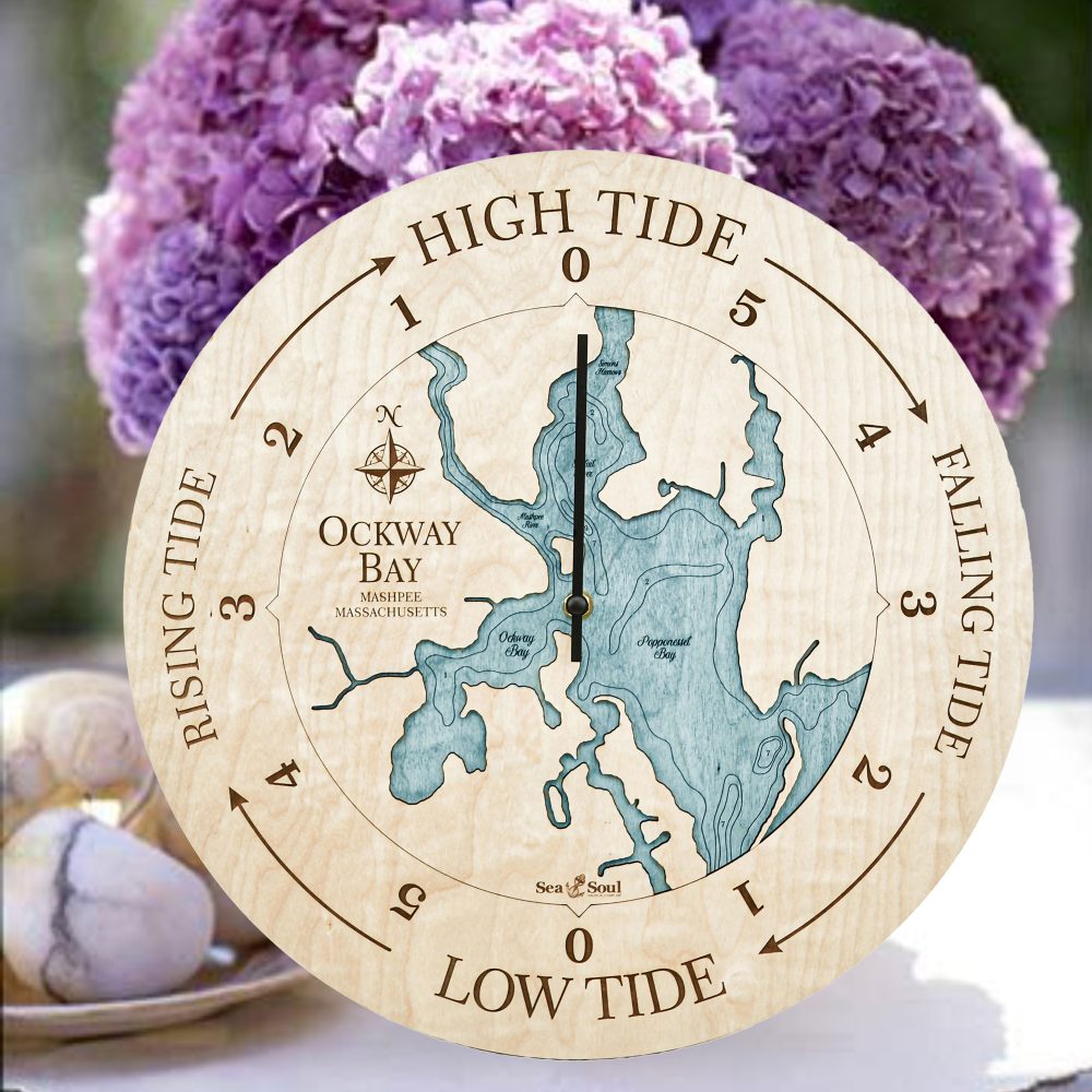 Ockway Bay Tide Clock Birch Accent with Blue Green Water on Table with Flowers