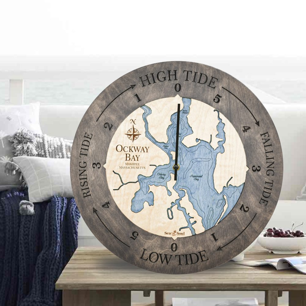 Ockway Bay Tide Clock Driftwood Accent with Deep Blue Water on Coffee Table