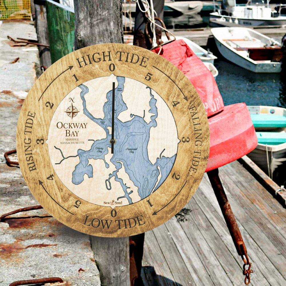 Ockway Bay Tide Clock Honey Accent with Deep Blue Water on Dock Post