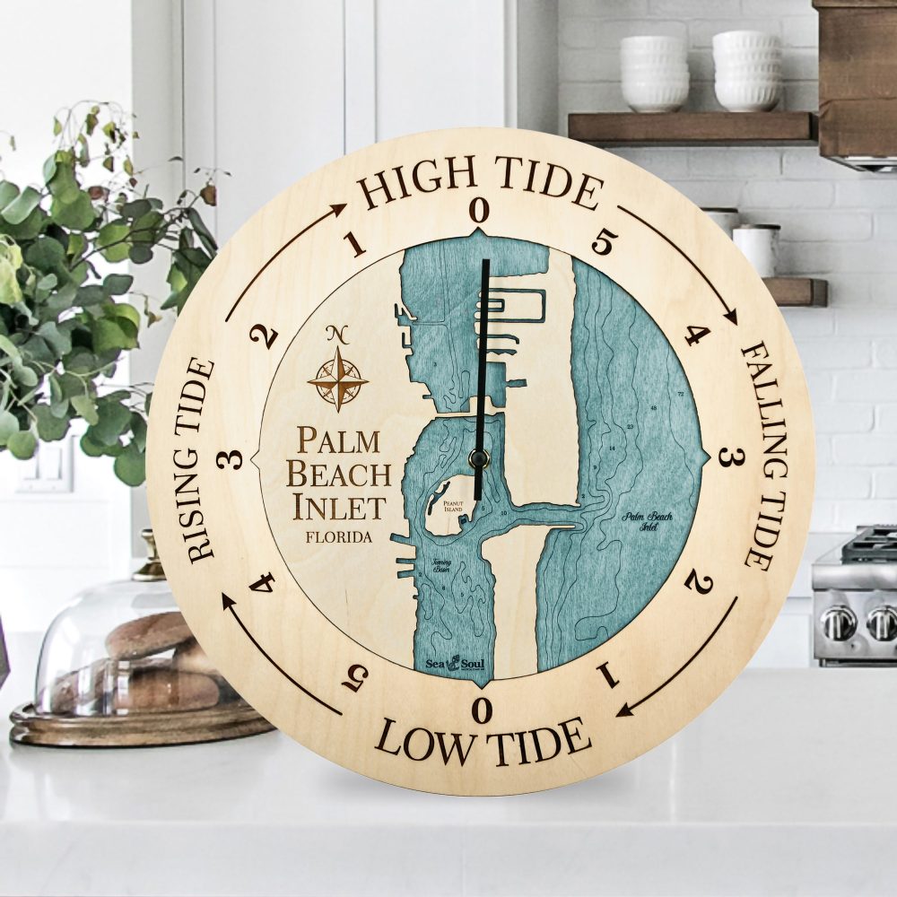 Palm Beach Inlet Tide Clock Birch Accent with Blue Green Water on Countertop