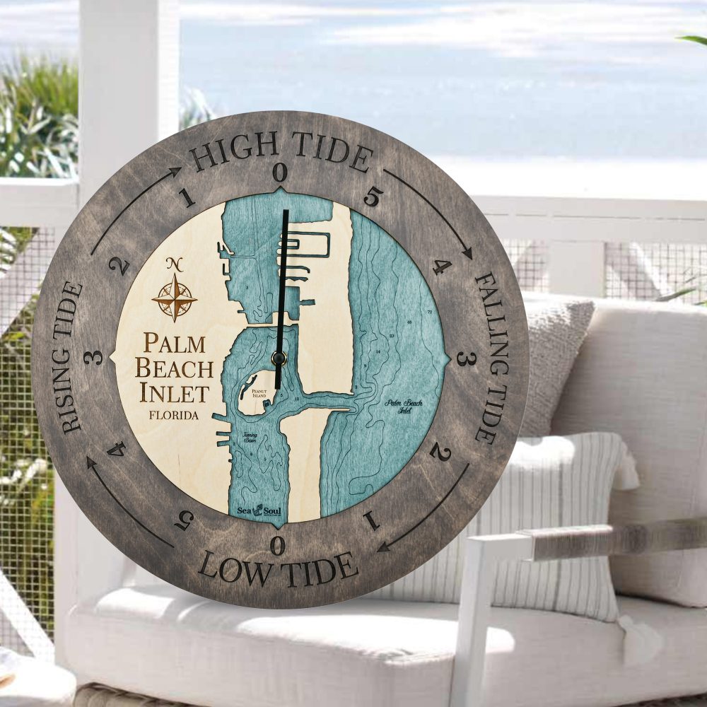 Palm Beach Inlet Tide Clock Driftwood Accent with Blue Green Water on Chair