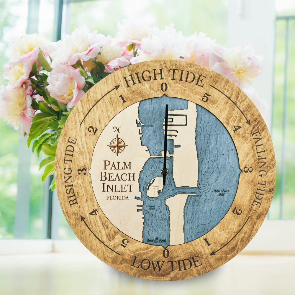 Palm Beach Inlet Tide Clock Honey Accent with Deep Blue Water on Table with Flowers