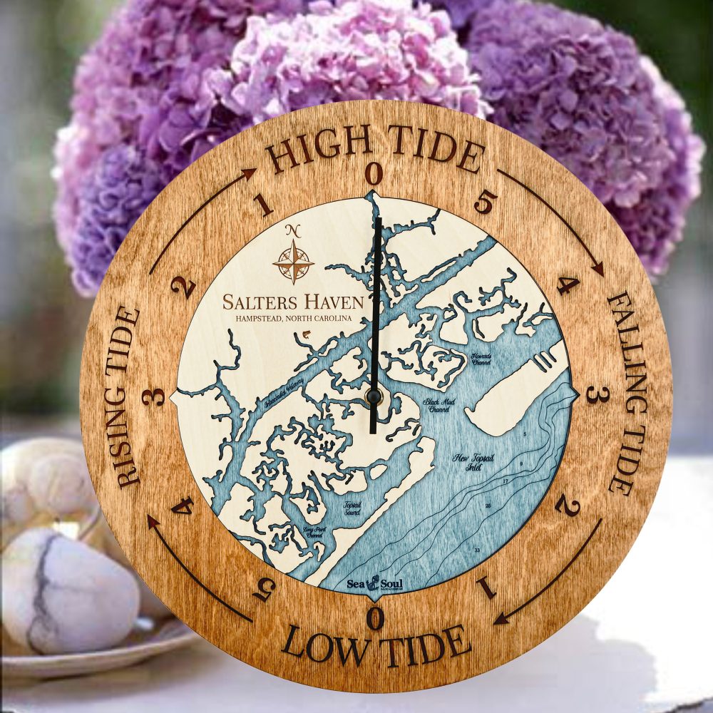 Salters Haven Tide Clock Americana Accent with Blue Green Water on Table with Flowers