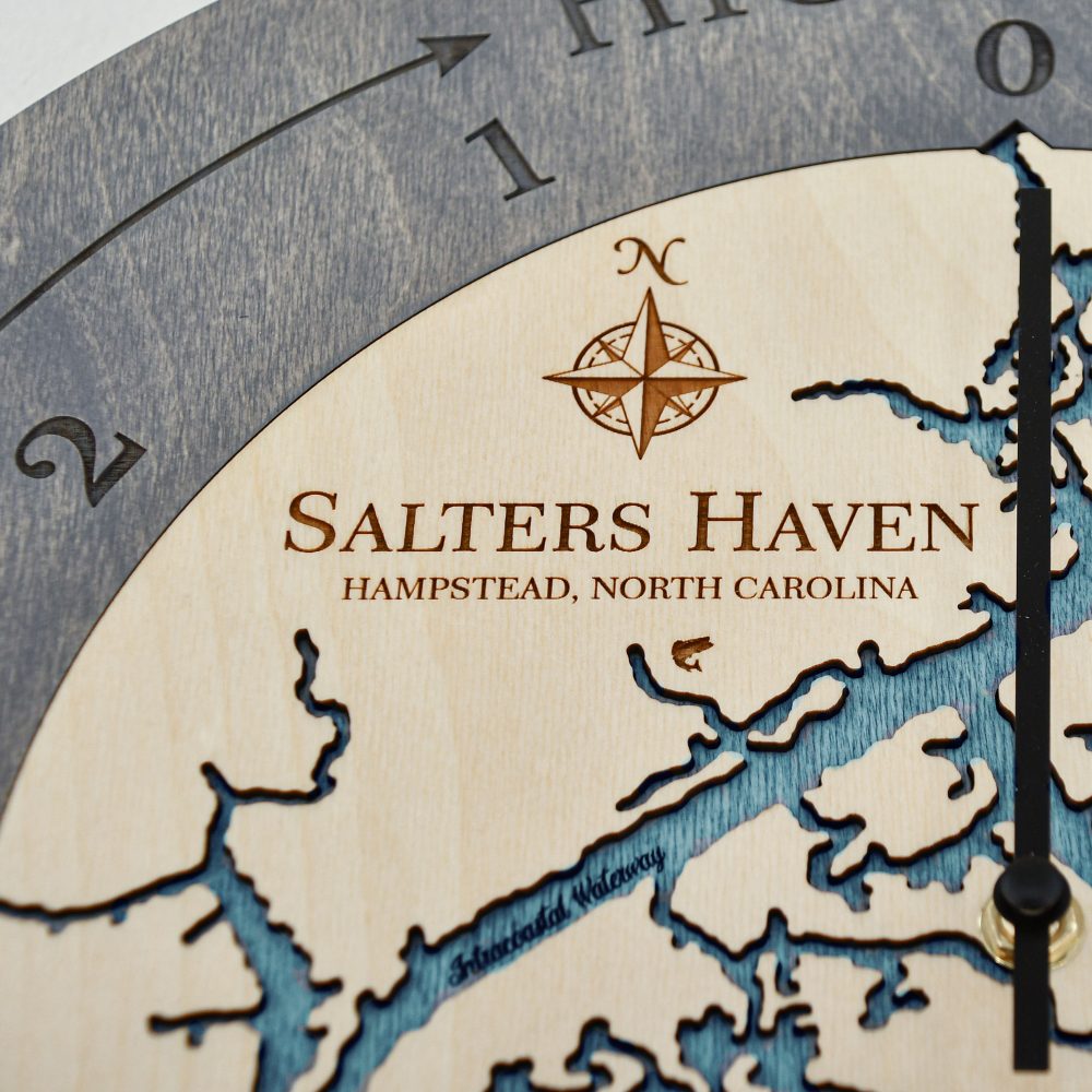 Salters Haven Tide Clock Driftwood Accent with Blue Green Water Detail Shot 1