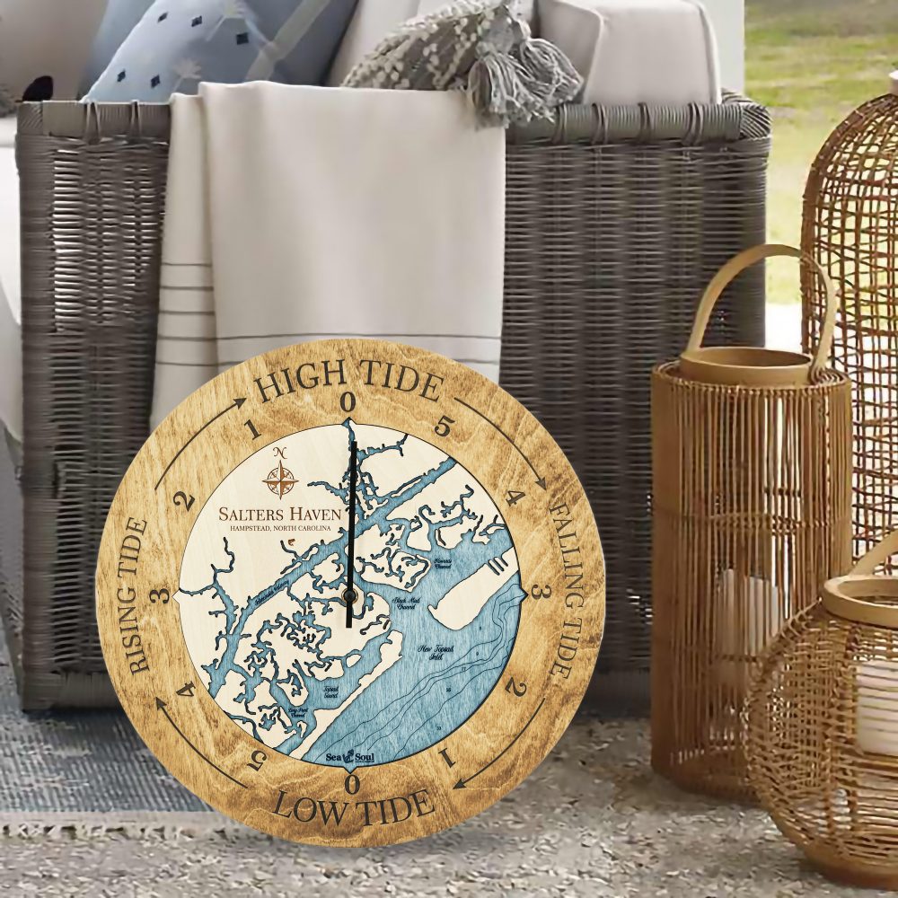 Salters Haven Tide Clock Honey Accent with Blue Green Water Sitting by Wicker Couch