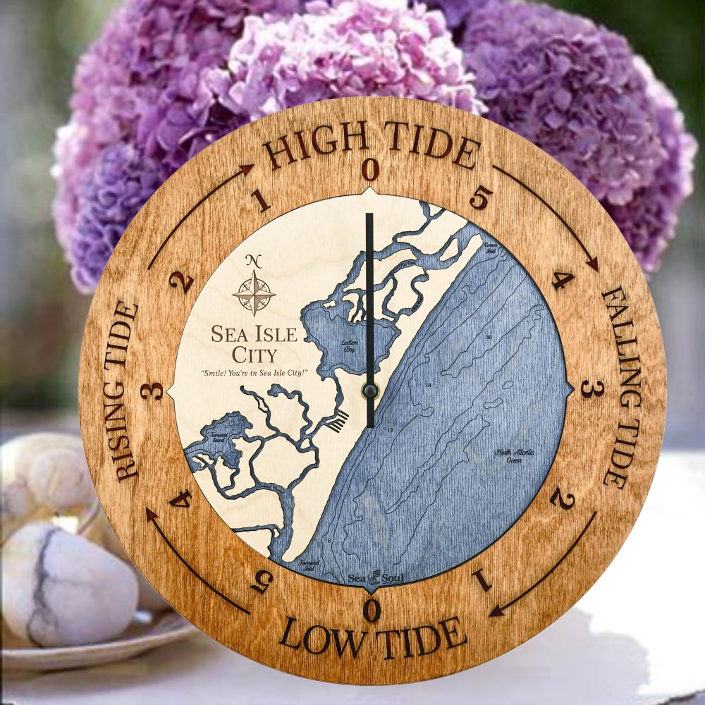 Sea Isle City Tide Clock Americana Accent with Deep Blue Water Sitting on Table with Flowers