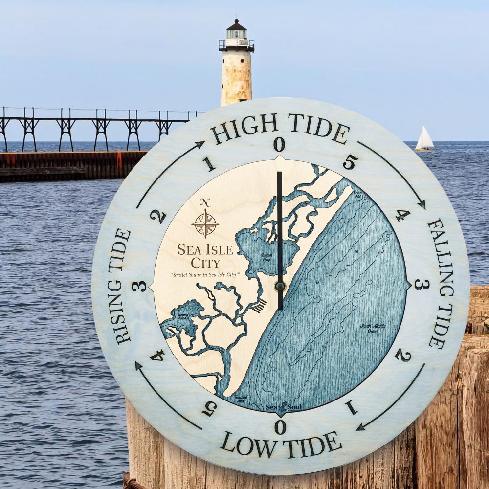 Sea Isle City Tide Clock Bleach Blue Accent with Blue Green Water Sitting on Dock by Lighthouse