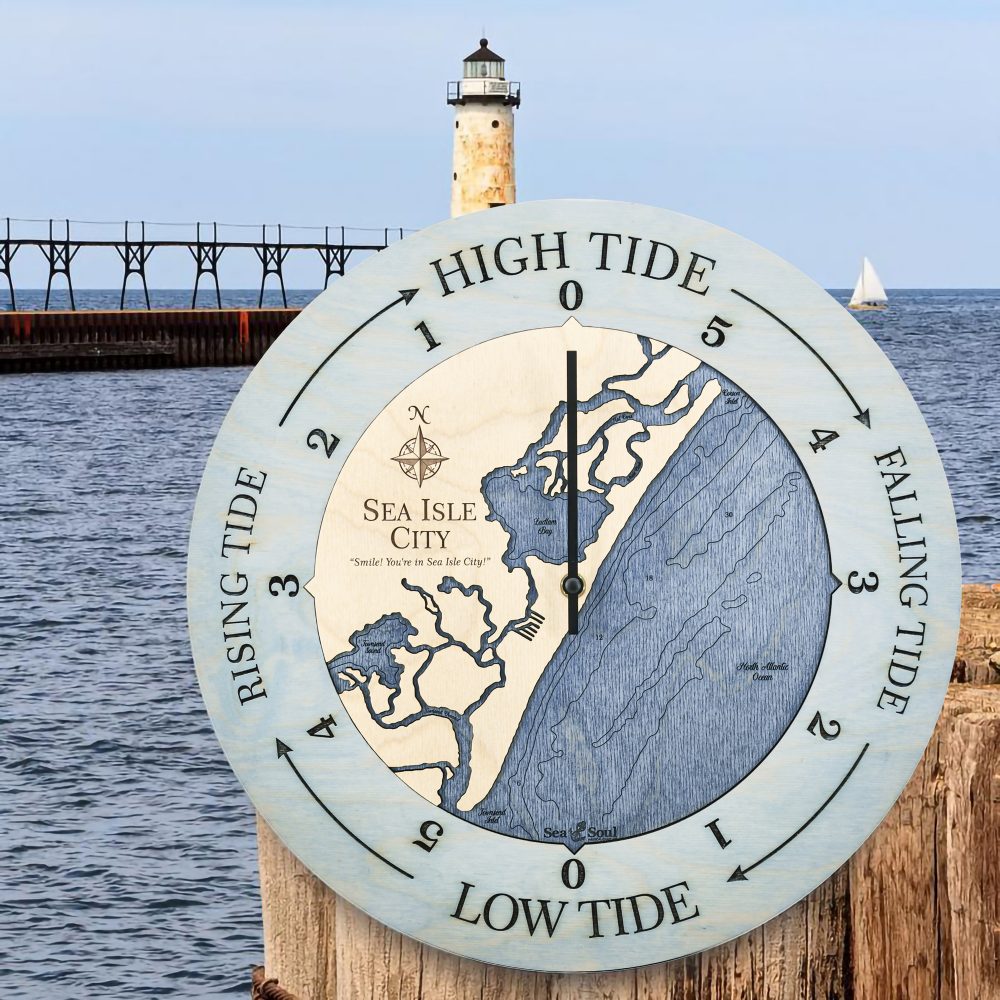 Sea Isle City Tide Clock Bleach Blue Accent with Deep Blue Water Sitting on Dock by Waterfront with Lighthouse
