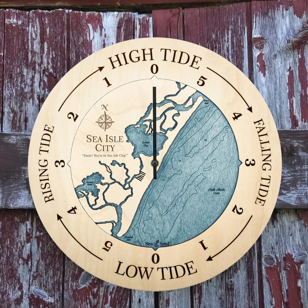 Sea Isle City Tide Clock Birch Accent with Blue Green Water Hanging on Fence