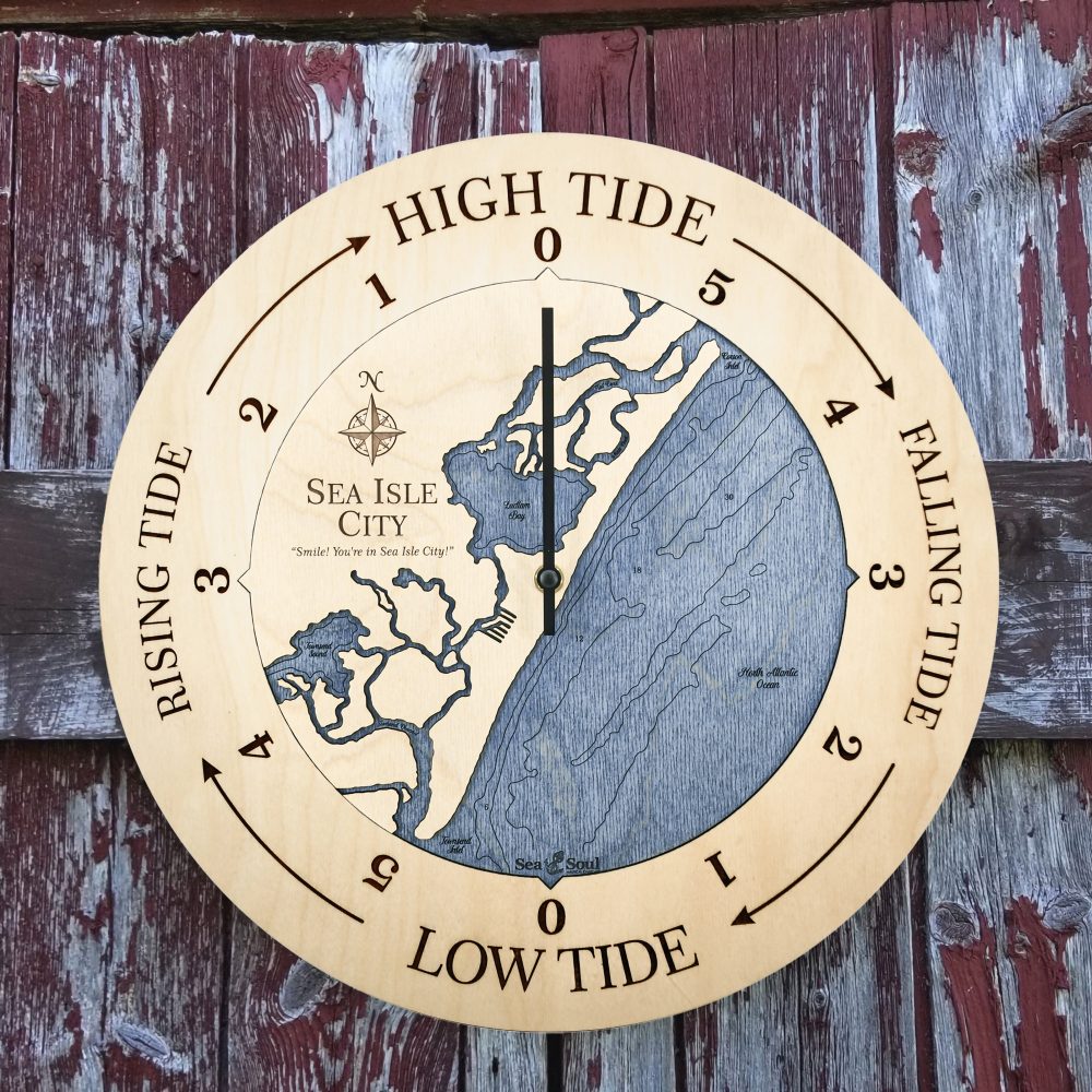 Sea Isle City Tide Clock Birch Accent with Deep Blue Water Hanging on Fence