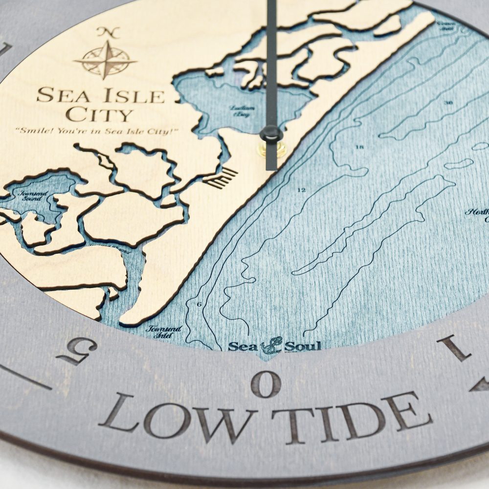Sea Isle City Tide Clock Driftwood Accent with Blue Green Water Detail Shot 3