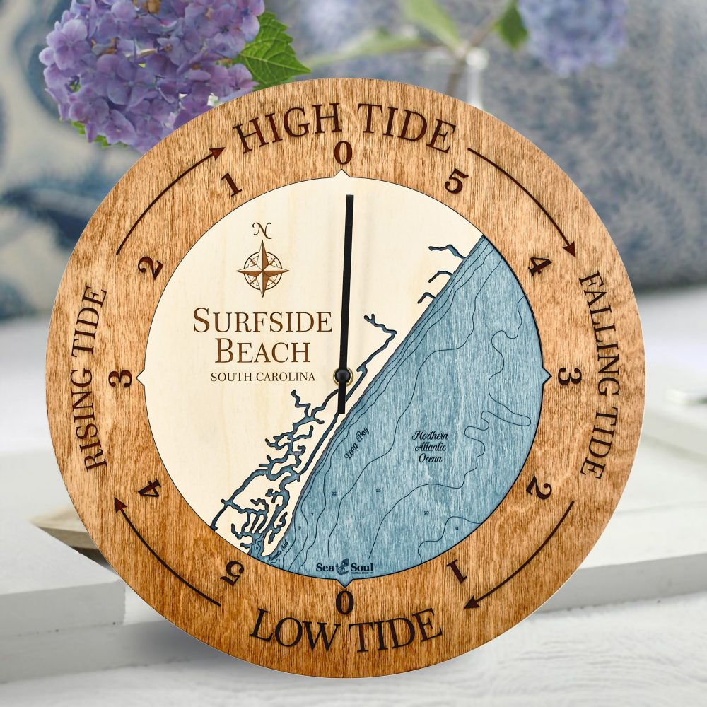 Surfside Beach Tide Clock Americana Accent with Blue Green Water Sitting on Table With Flowers