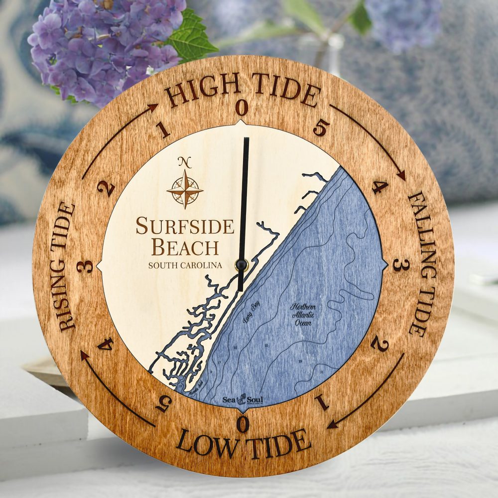 Surfside Beach Tide Clock Americana Accent with Deep Blue Water Sitting on Table with Flowers