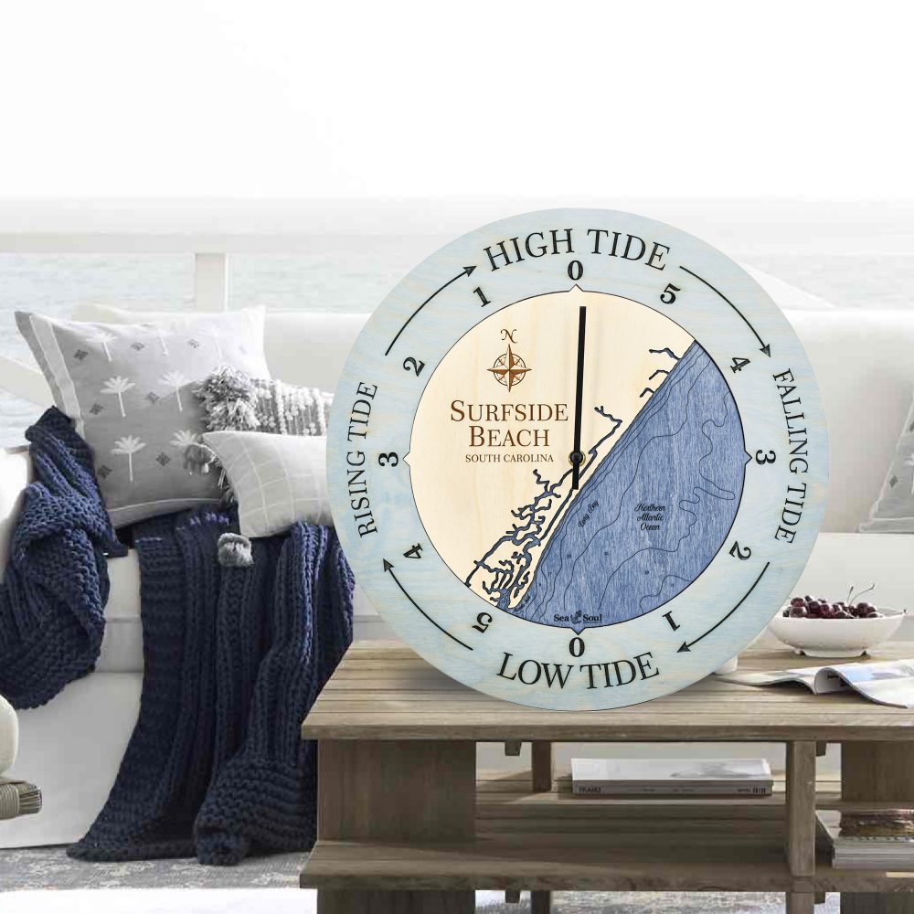 Surfside Beach Tide Clock Bleach Blue Accent with Deep Blue Water on Coffee Table