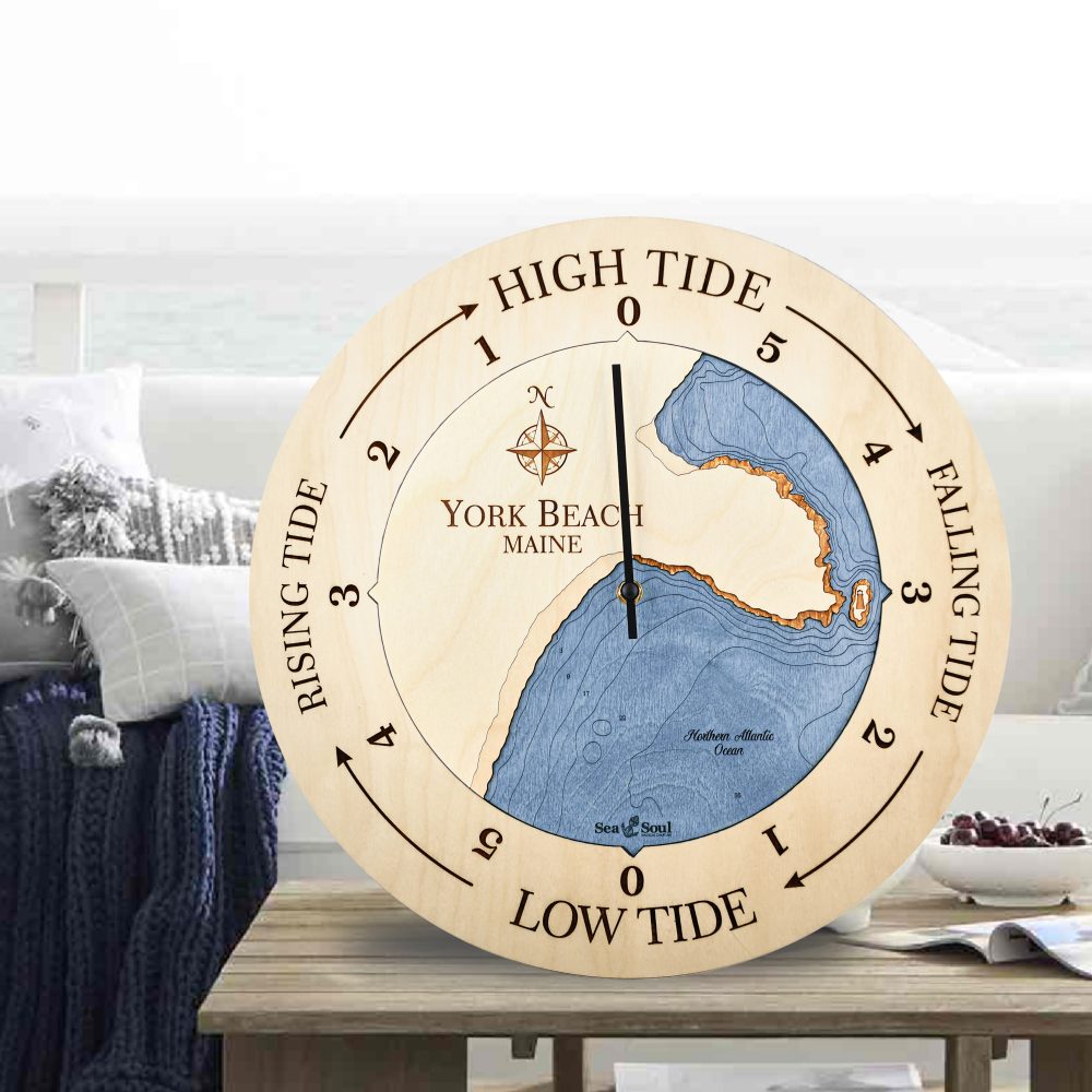 York Beach Tide Clock Birch Accent with Deep Blue Water Sitting on Coffee Table