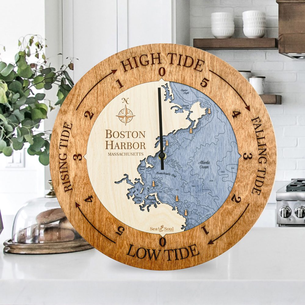 Boston Harbor Tide Clock Americana Accent with Deep Blue Water Sitting on Countertop