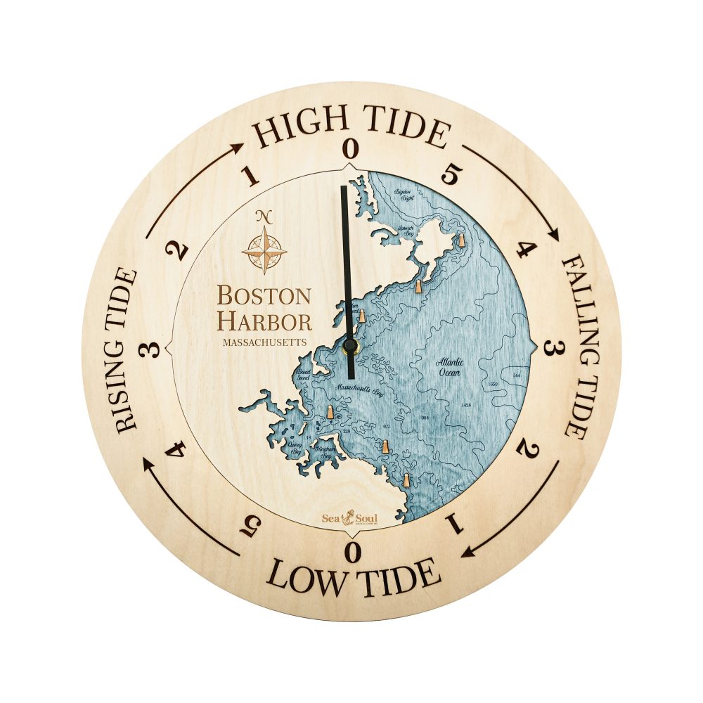 Boston Harbor Tide Clock Birch Accent with Blue Green Water