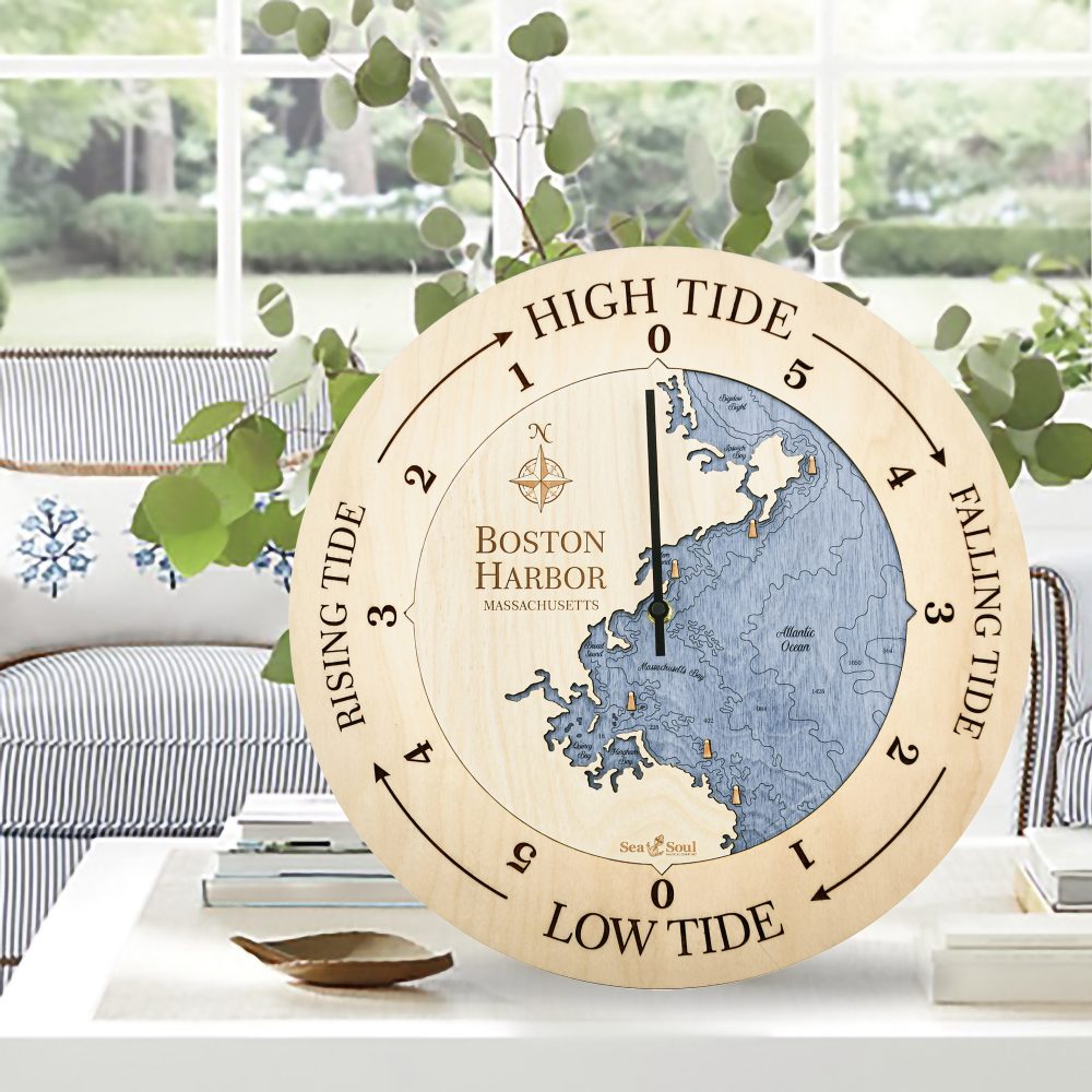 Boston Harbor Tide Clock Birch Accent with Deep Blue Water Sitting on Coffee Table