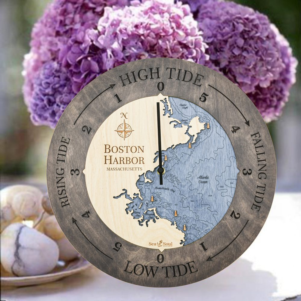 Boston Harbor Tide Clock Driftwood Accent with Deep Blue Water Sitting on Table with Flowers