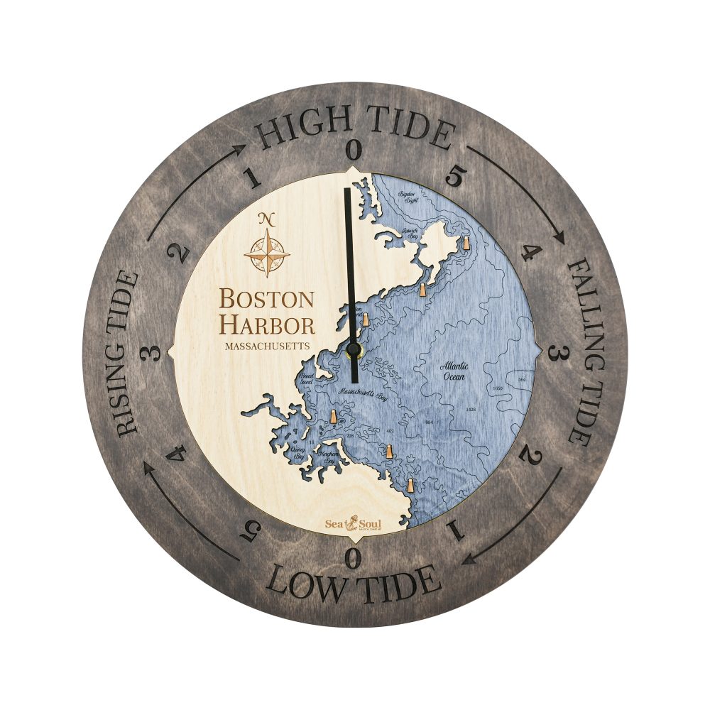 Boston Harbor Tide Clock Driftwood Accent with Deep Blue Water