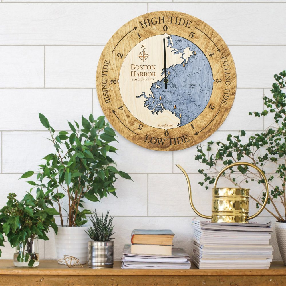 Boston Harbor Tide Clock Honey Accent with Deep Blue Water Hanging on Wall