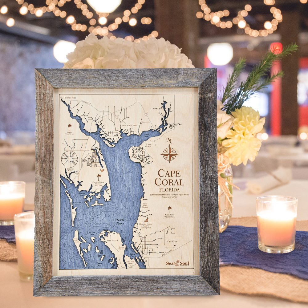 Cape Coral Wall Art 13x16 Rustic Pine Accent with Deep Blue Water Sitting on Table with Candles and Flowers