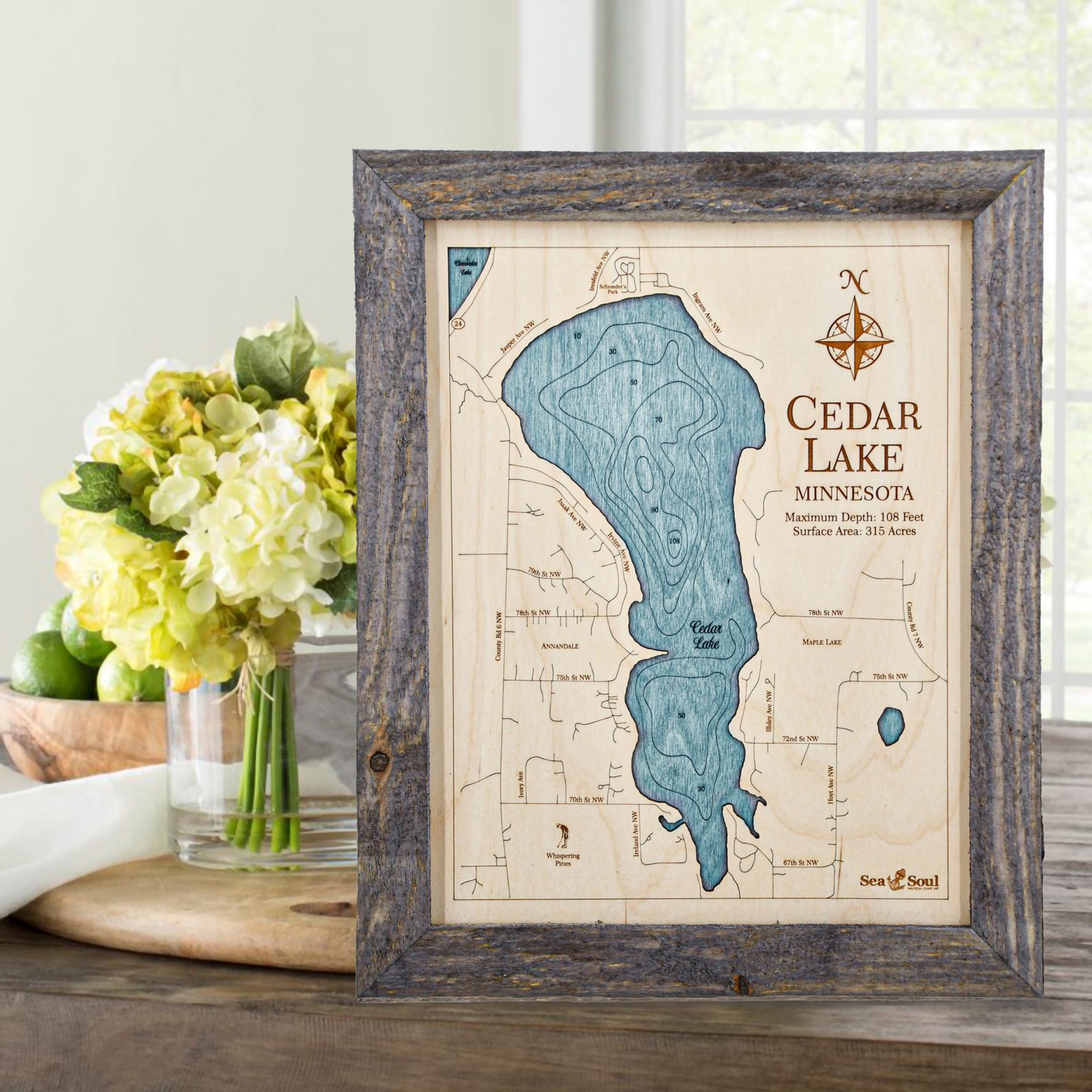 Cedar Lake Wall Art TwoLevel 3D Wood Map Sea and Soul Charts