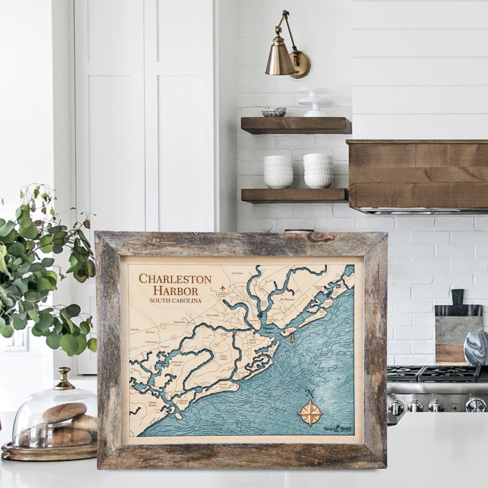 Charleston Harbor Wall Art 13x16 Rustic Pine Accent with Blue Green Water Detail Sitting on Countertop