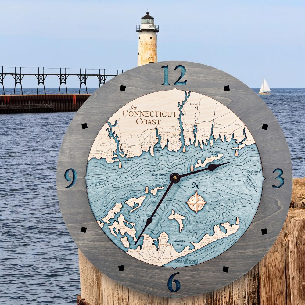 Connecticut Coast Nautical Clock Driftwood Accent with Blue Green Water Hanging on Post by Waterfront with Lighthouse