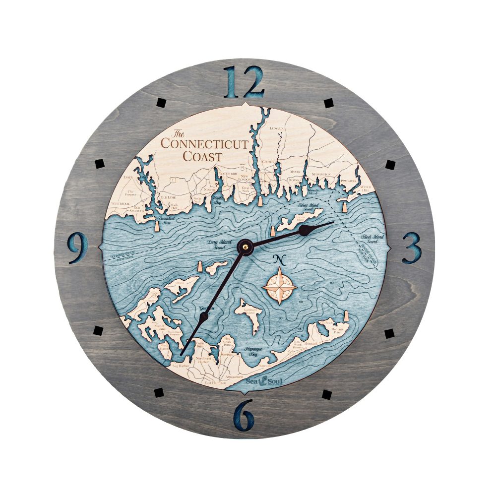 Connecticut Coast Nautical Clock Driftwood Accent with Blue Green Water