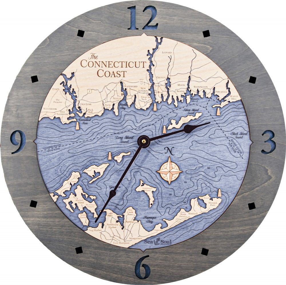 Connecticut Coast Nautical Clock Driftwood Accent with Deep Blue Water Product Shot
