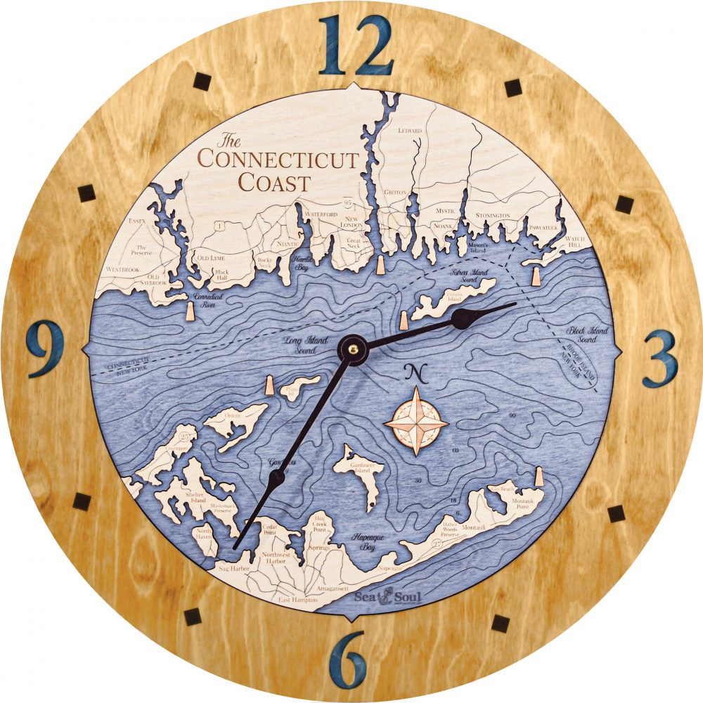 Connecticut Coast Nautical Clock Honey Accent with Deep Blue Water Product Shot