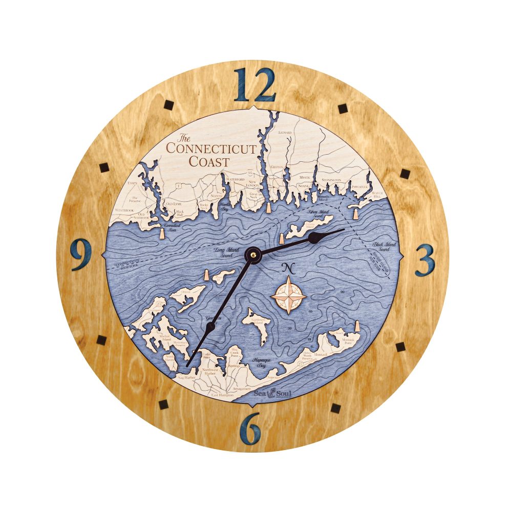 Connecticut Coast Nautical Clock Honey Accent with Deep Blue Water