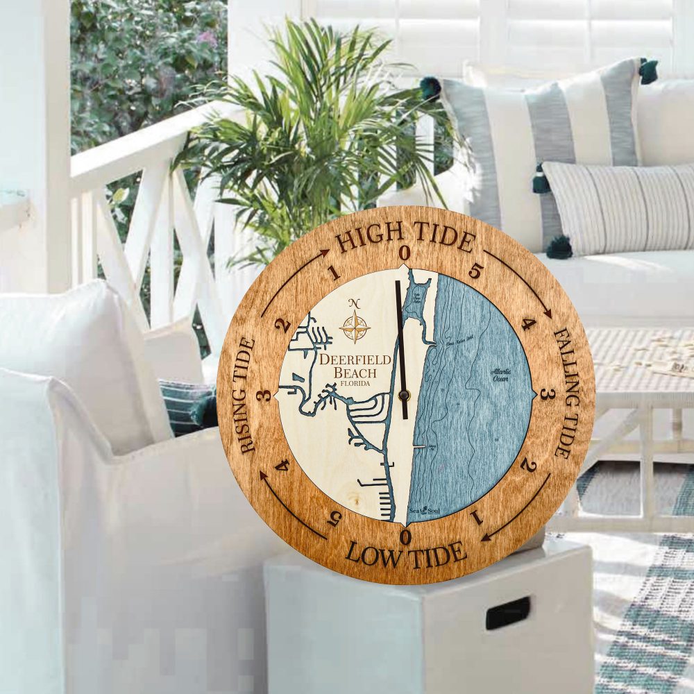 Deerfield Beach Tide Clock Americana Accent with Blue Green Water Sitting on End Table
