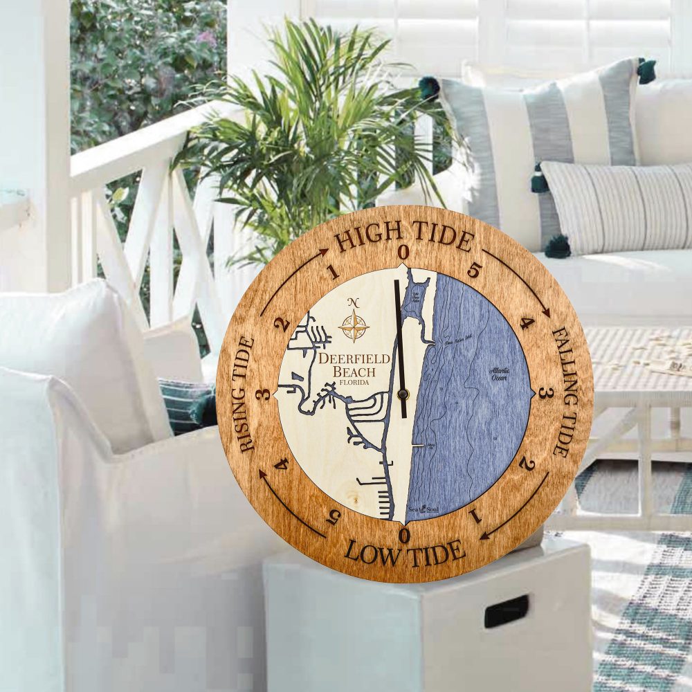 Deerfield Beach Tide Clock Americana Accent with Deep Blue Water Sitting on End Table