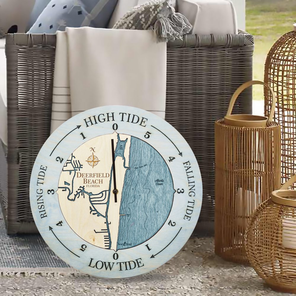 Deerfield Beach Tide Clock Bleach Blue Accent with Blue Green Water Sitting on Floor by Wicker Chair