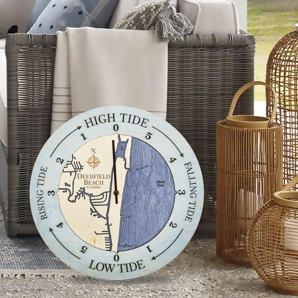 Deerfield Beach Tide Clock Bleach Blue Accent with Deep Blue Water Sitting on Ground by Wicker Chair