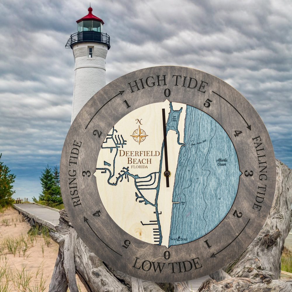 Deerfield Beach Tide Clock Driftwood Accent with Blue Green Water by Waterfront with Lighthouse