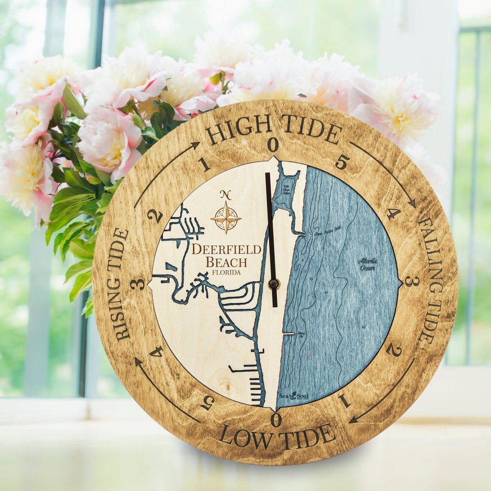 Deerfield Beach Tide Clock Honey Accent with Blue Green Water Sitting on Windowsill with Flowers