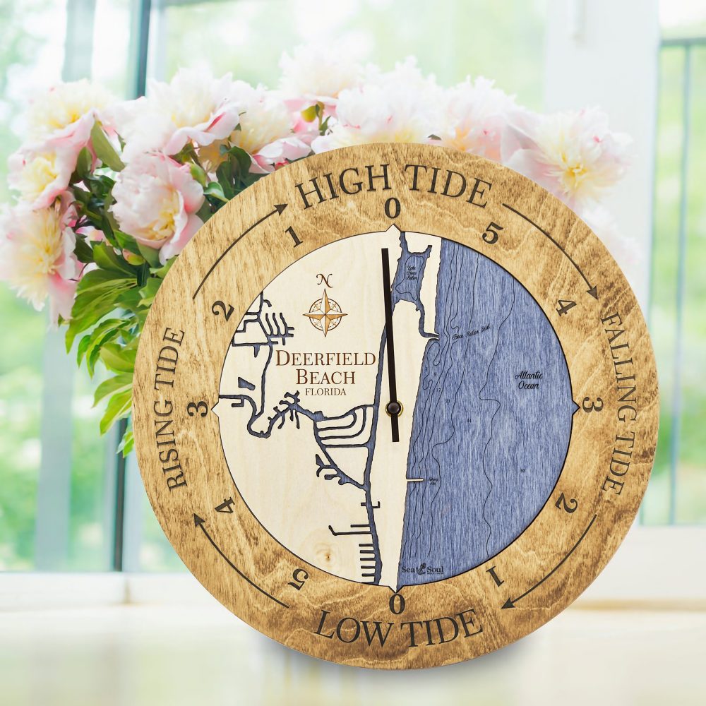 Deerfield Beach Tide Clock Honey Accent with Deep Blue Water Sitting on Windowsill with Flowers