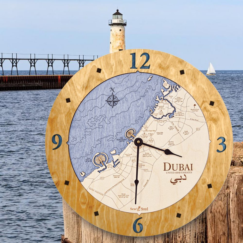 Dubai Nautical Clock Honey Accent with Deep Blue Water Hanging on Dock Post by Waterfront with Lighthouse